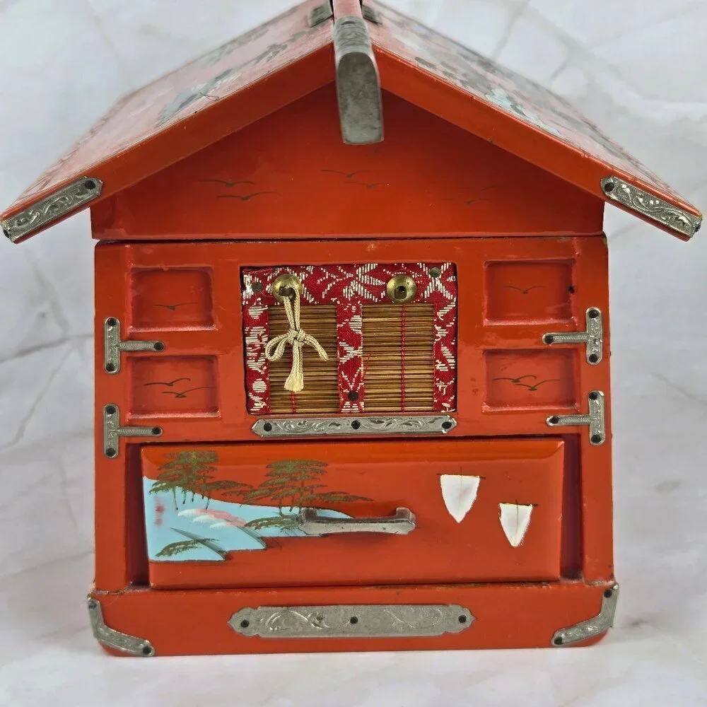 Vintage Japanese Hand Painted Jewelry Box Hinged Lid Side Drawer Wooden